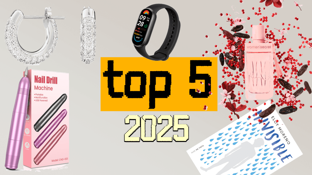 Imagen de los 5 mejores regalos para mujer 2025: pendientes Swarovski Matrix, libro Invisible de Eloy Moreno, torno para uñas profesional, Xiaomi Smart Band 9 y estuche regalo Women’secret. Opciones elegantes y prácticas para sorprender en cualquier ocasión.