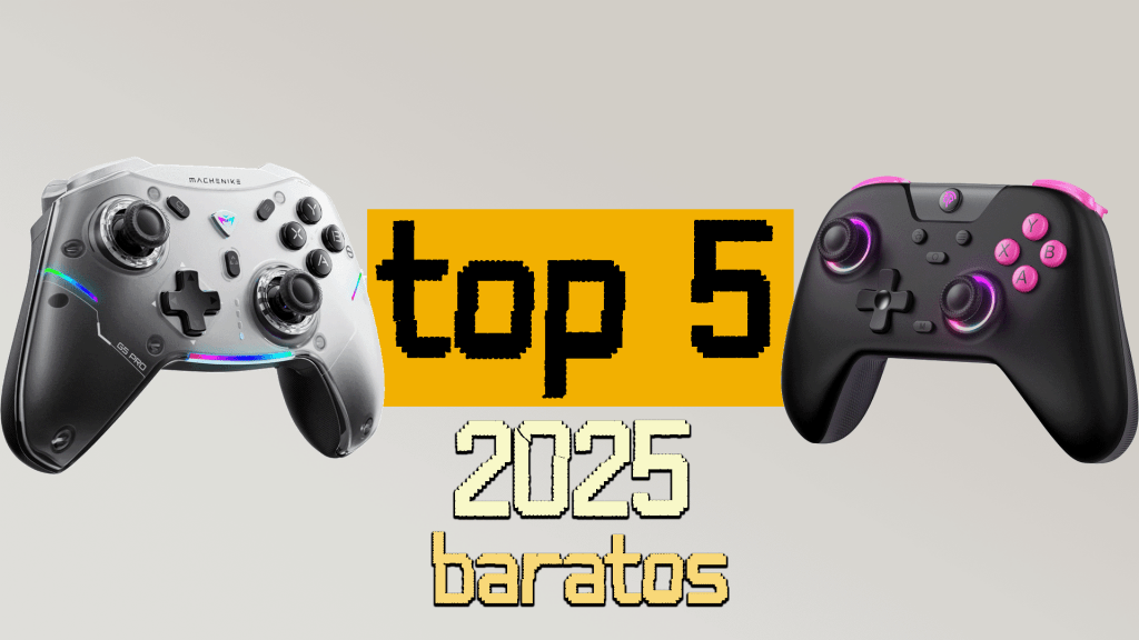 Imagen destacada del artículo con los cinco mejores mandos baratos 2025, mostrando modelos económicos con diseño ergonómico, iluminación RGB y gran versatilidad.