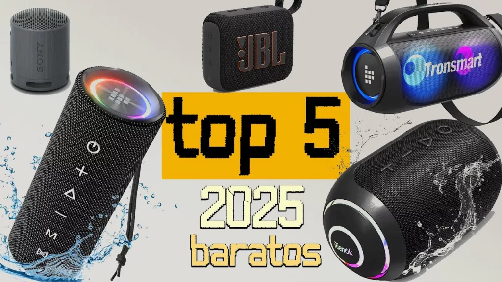 Imagen de los mejores altavoces Bluetooth portátiles baratos con diseños modernos, compactos y resistentes ideales para exteriores y fiestas.