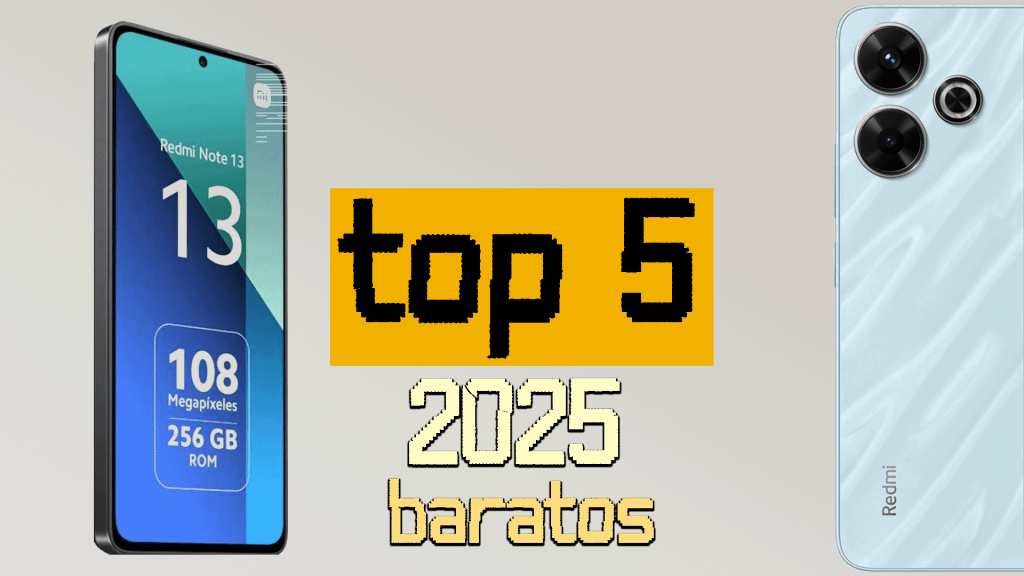 Imagen de los mejores móviles baratos Xiaomi 2025, destacando cinco modelos con características como cámaras avanzadas, pantallas inmersivas y precios accesibles.