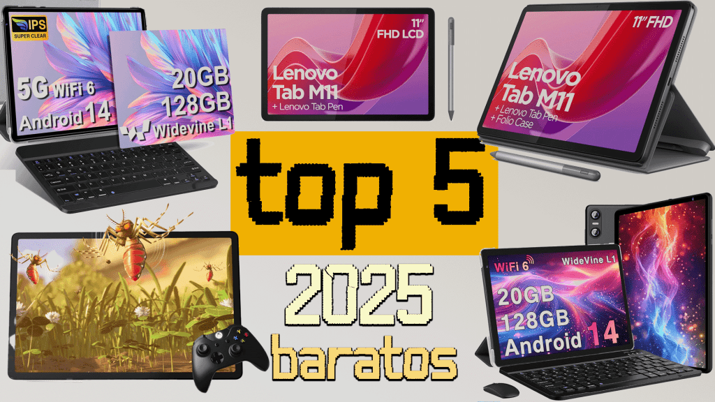 Imagen de las mejores tablets baratas 2025 con modelos destacados como Lenovo Tab M11, Lenovo Tab P12, Biegedy Tablet y SKYEGG Tablet